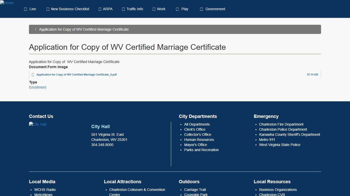 Application for Copy of WV Certified Marriage Certificate City of Charleston