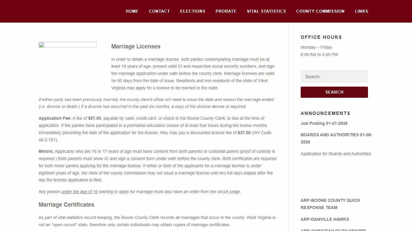 Marriage License – Clerk of Boone County, West Virginia